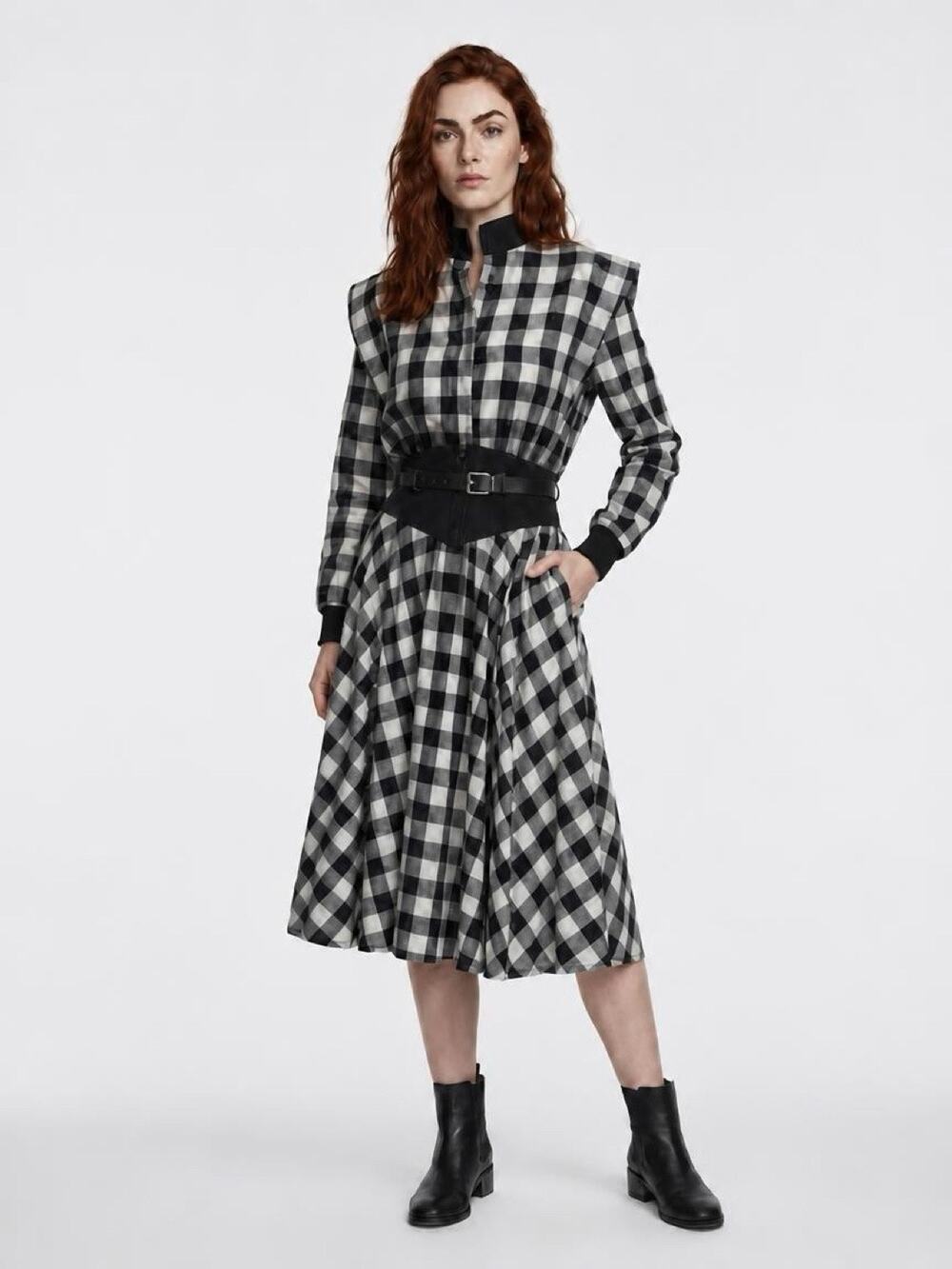 Bill Berman California Strauss, black and white gingham check pattern with belt